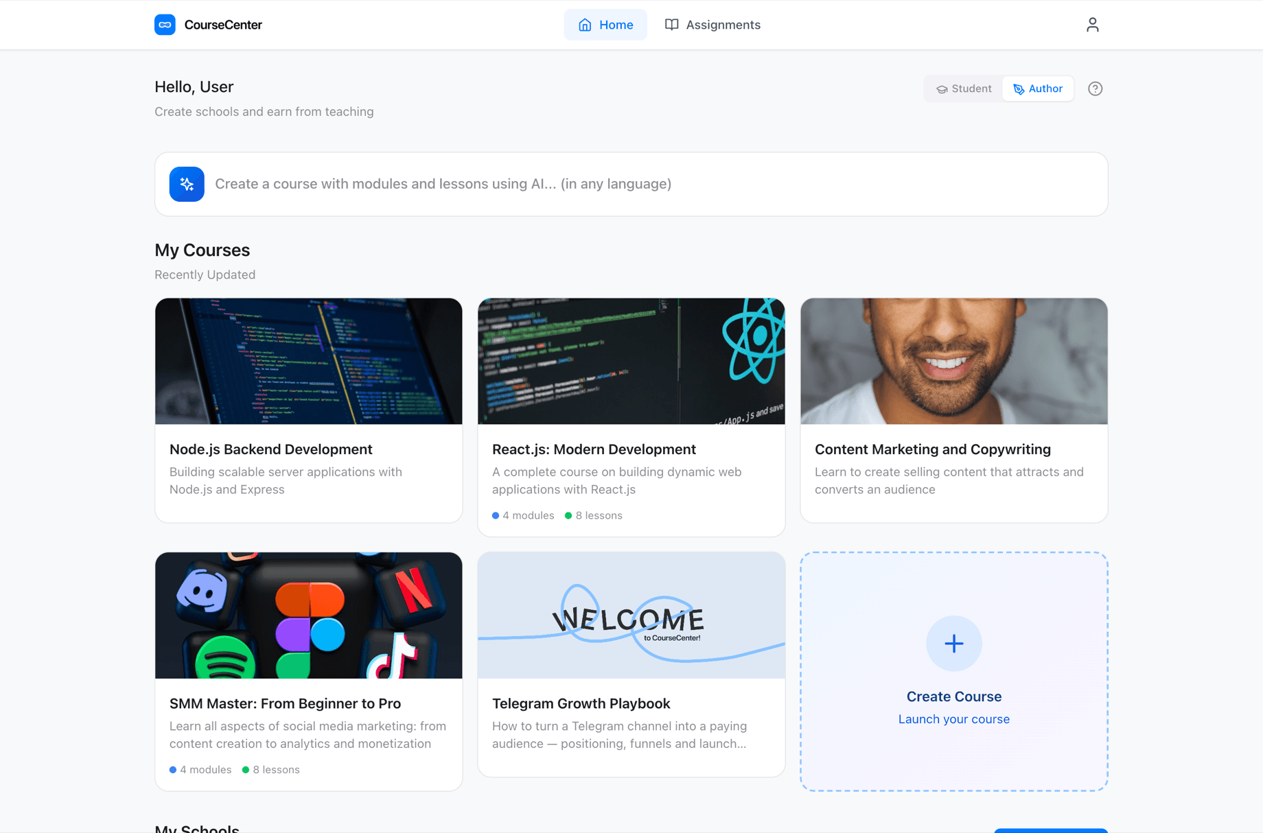 Course Center home screen: schools, courses and the AI prompt bar