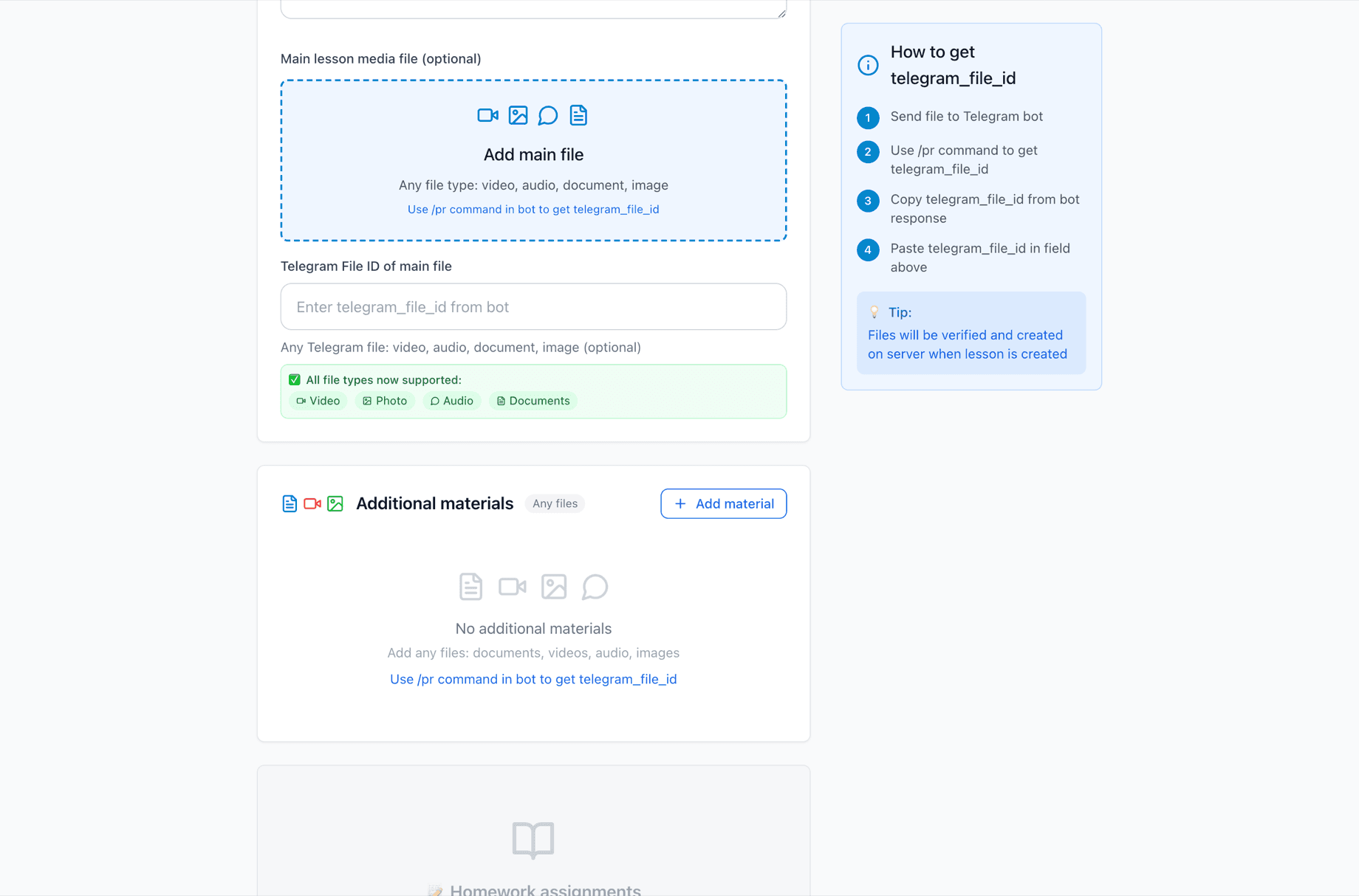 The lesson editor: title, content, media and homework