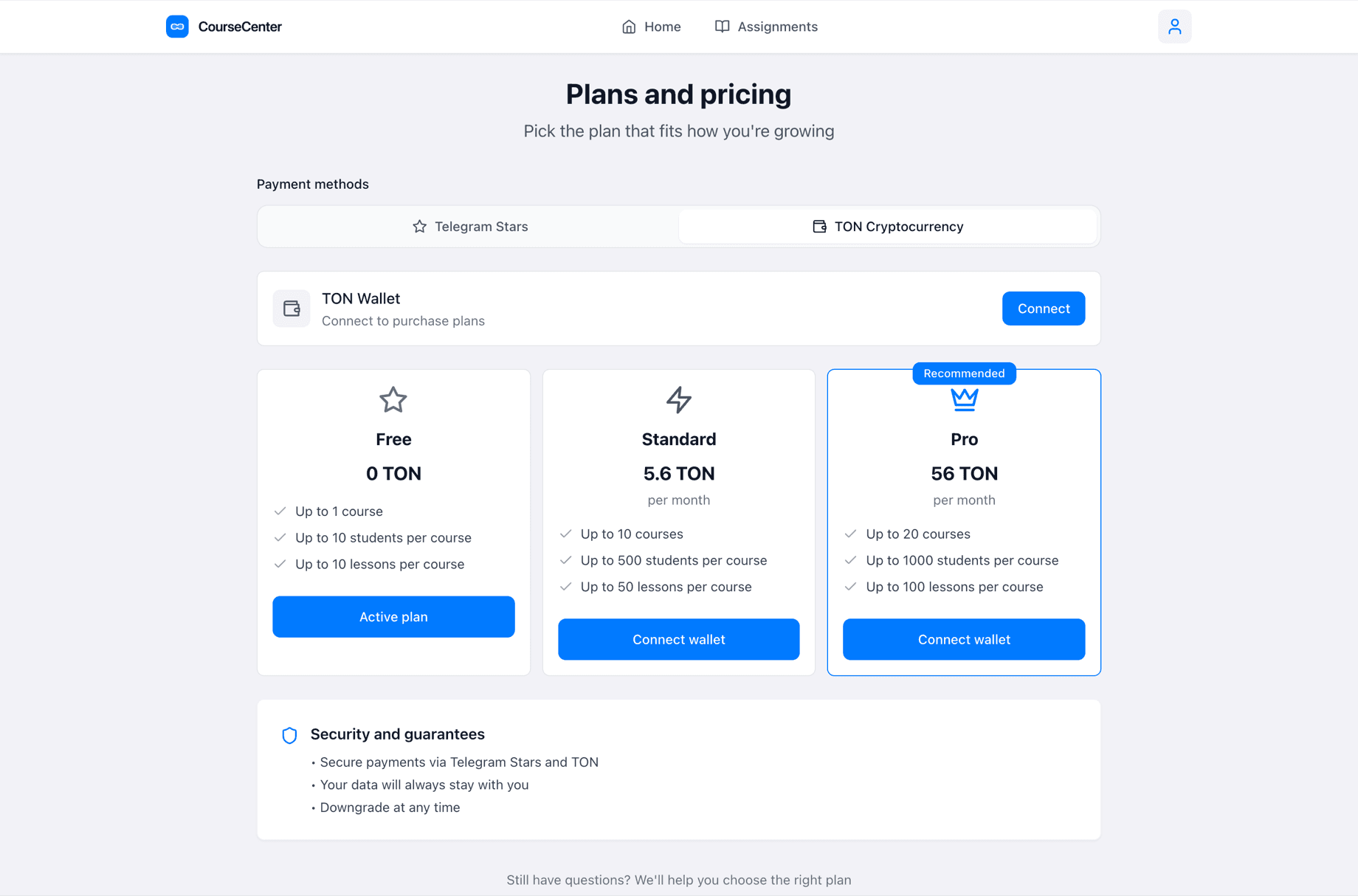 Plans priced in TON, payable with TON or Telegram Stars