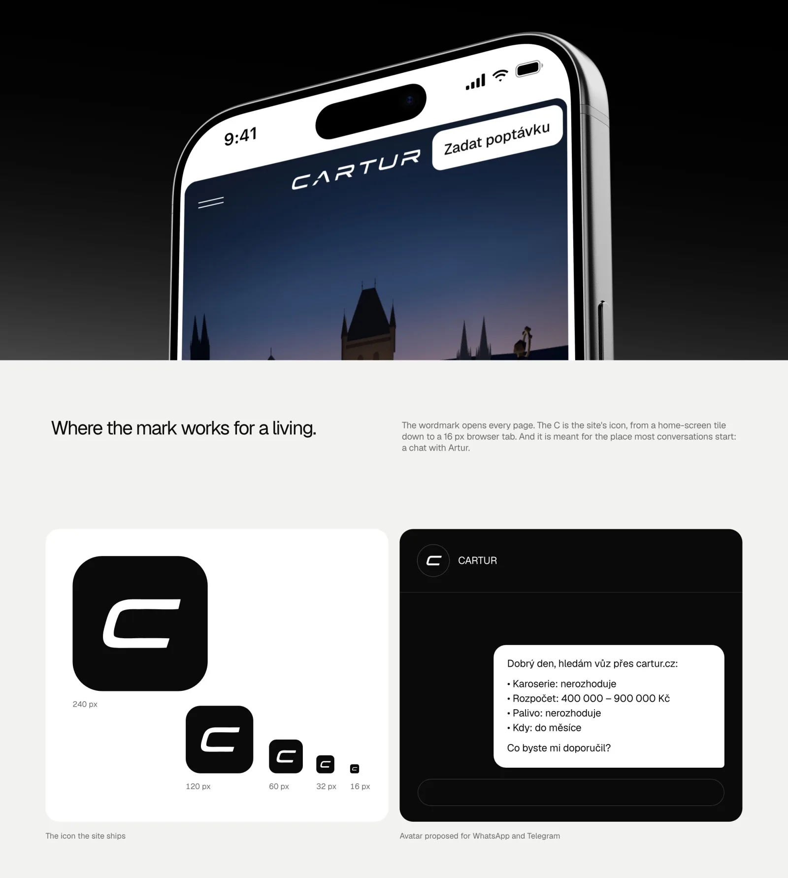 The mark at work: macro of the phone, the icon sizes, the chat avatar