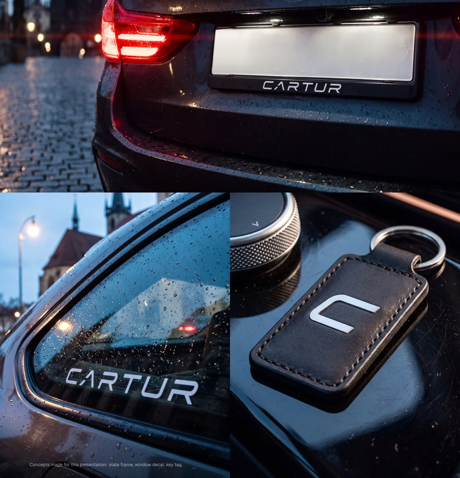 Concept objects on a BMW at dusk: plate frame (ultrawide), window decal, key tag