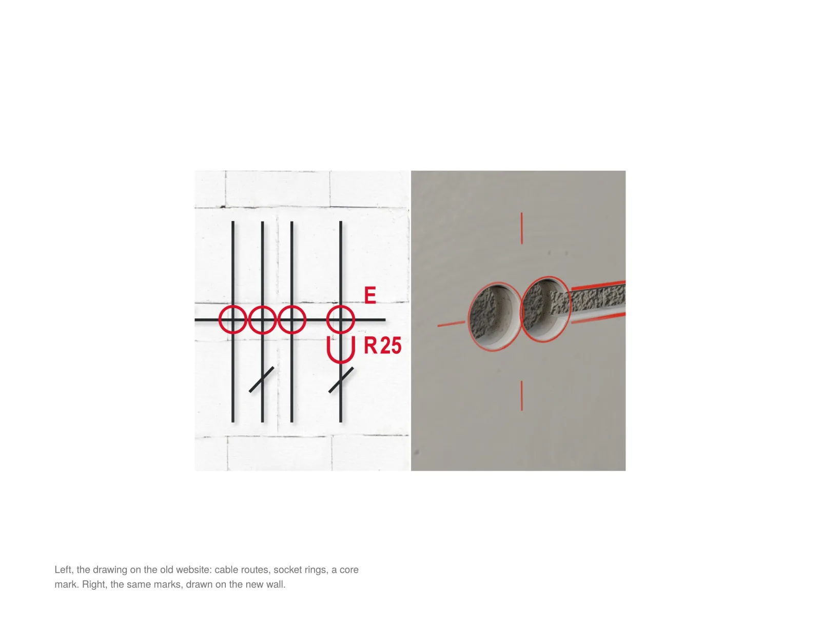 Where the idea came from: the old site's drawing and the same marks on the new wall