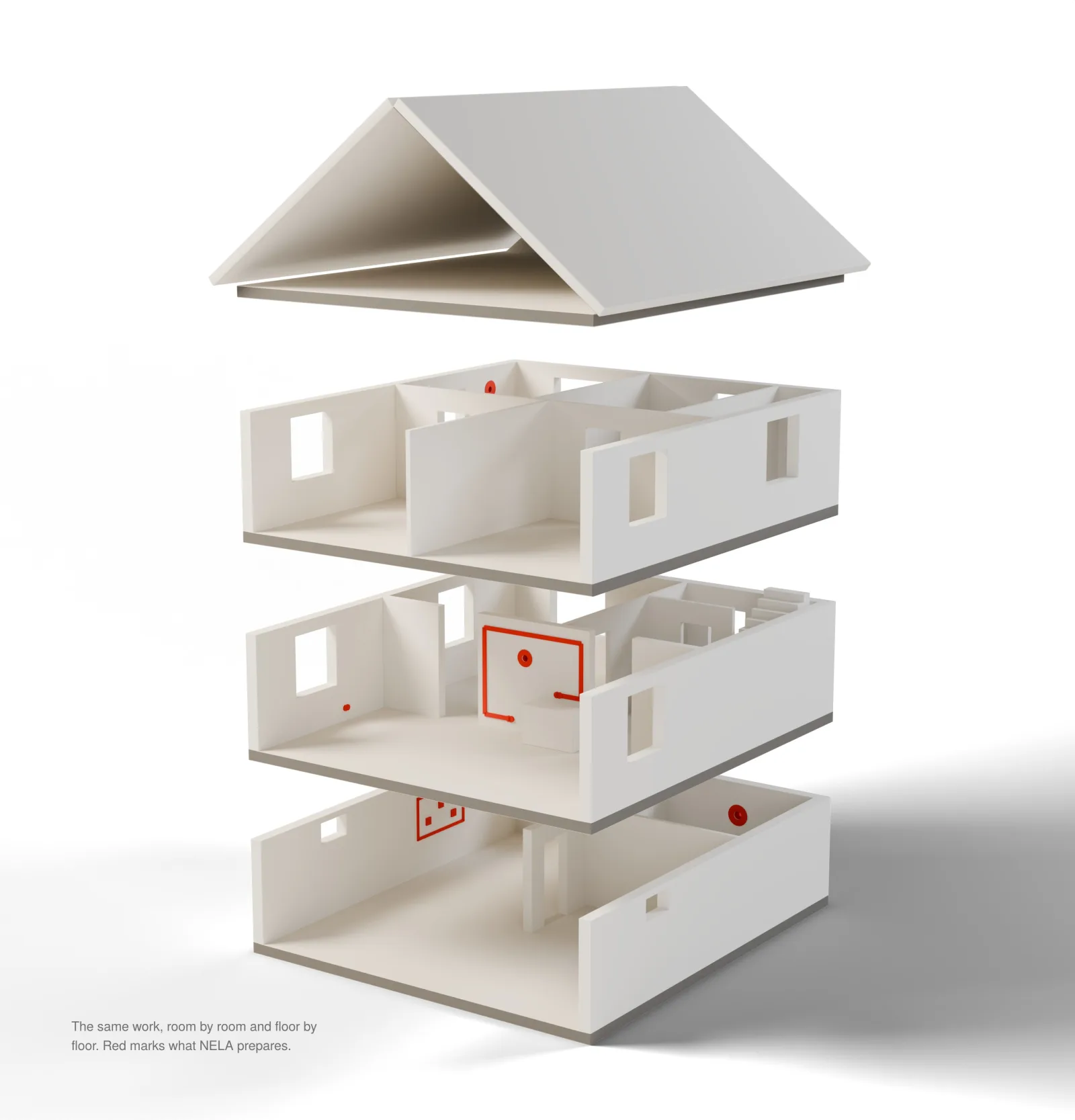 The exploded house on paper, red work areas