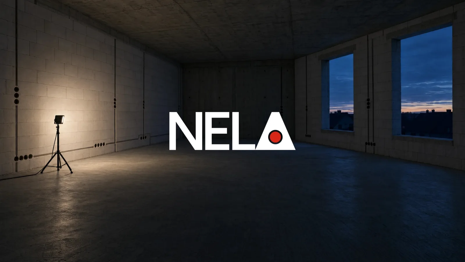 The wordmark centred over the dusk room